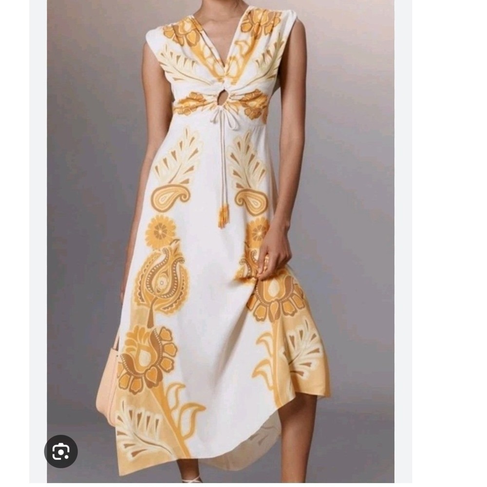 Farm Rio x Anthropologie Sleeveless V-Neck Maxi Dress Yellow Paisley XS NEW
